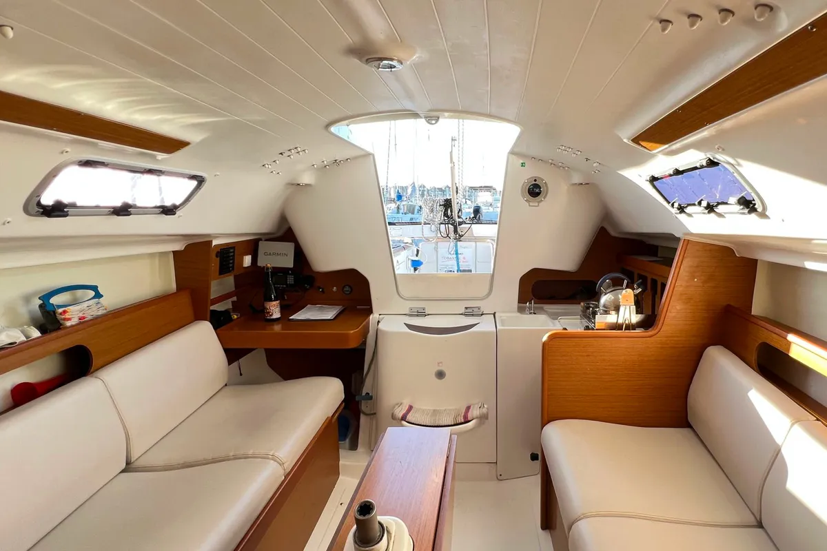 Salon of Volumnie, a Beneteau First 31.7 sailboat at Kerners, France
