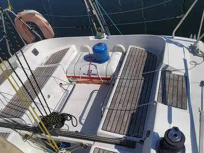 Deck of Volumnie, a Beneteau First 31.7 sailboat at Kerners, France