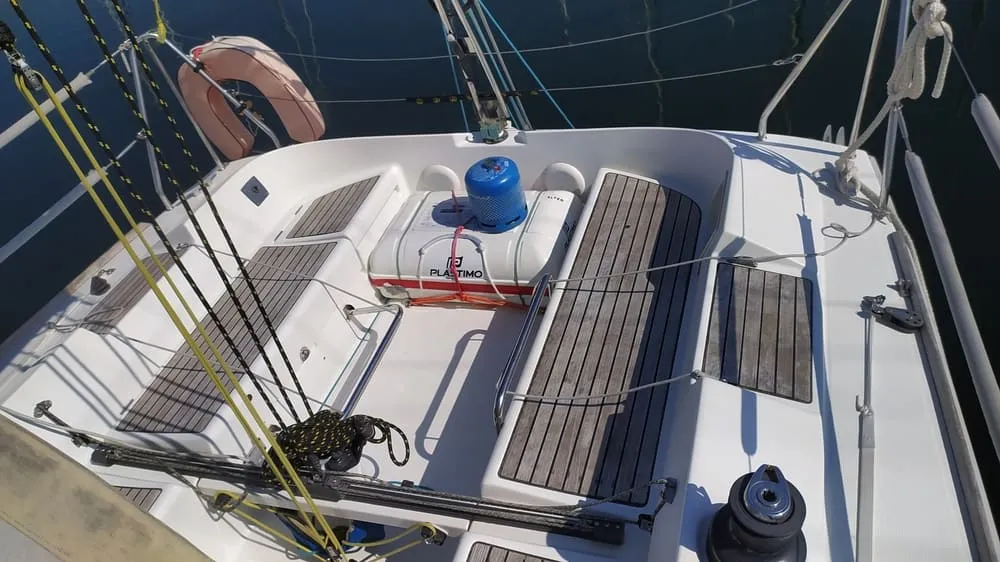 Deck of Volumnie, a Beneteau First 31.7 sailboat at Kerners, France