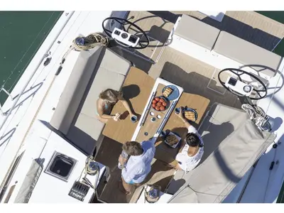 Deck of Nikolas-Aegeas, a Dufour 430 sailboat at Kos, Greece
