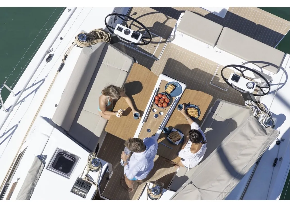 Deck of Nikolas-Aegeas, a Dufour 430 sailboat at Kos, Greece