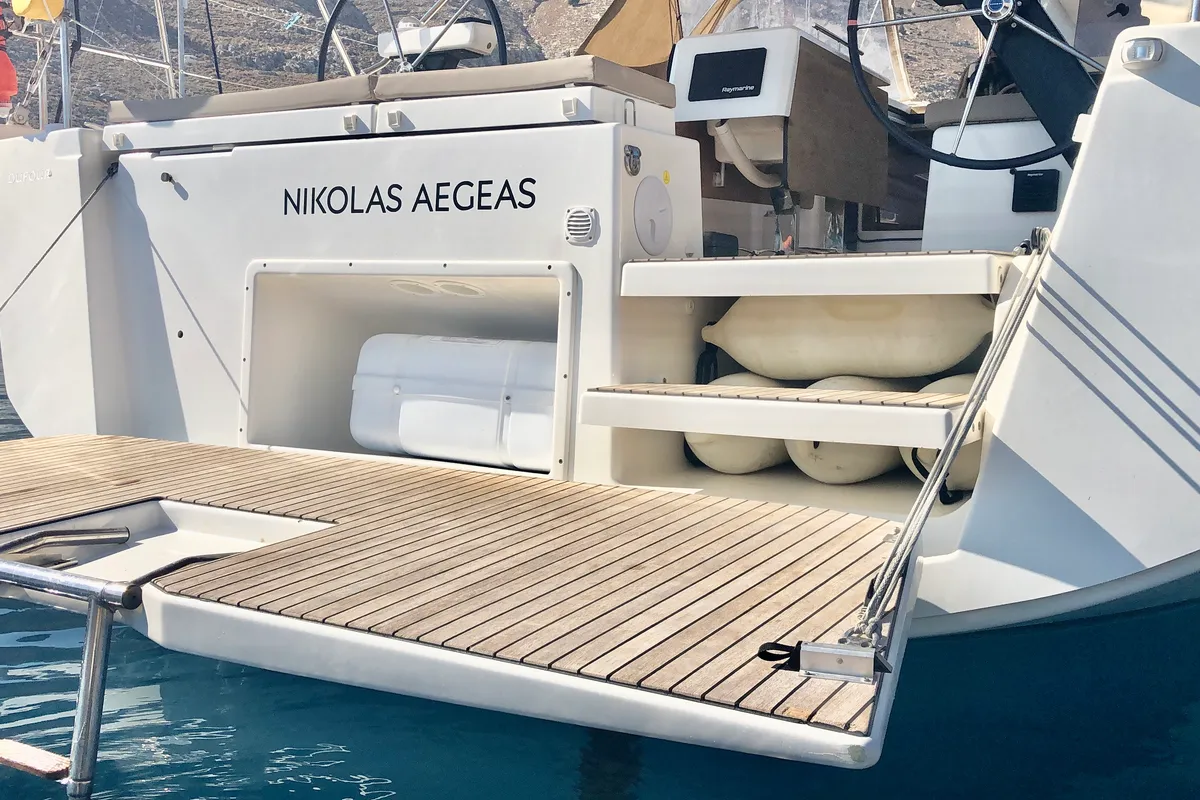 Deck of Nikolas-Aegeas, a Dufour 430 sailboat at Kos, Greece