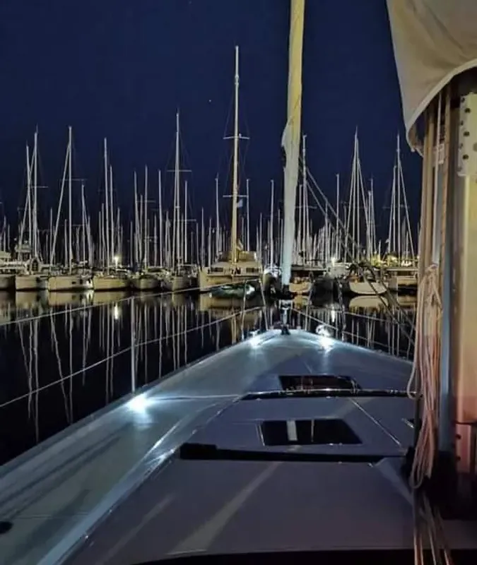 Exterior view of Nikolas-Aegeas, a Dufour 430 sailboat at Kos, Greece
