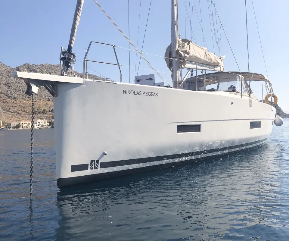 Exterior view of Nikolas-Aegeas, a Dufour 430 sailboat at Kos, Greece