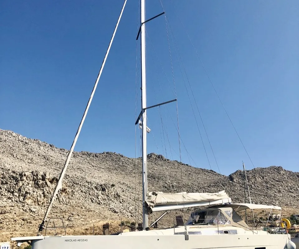 Exterior view of Nikolas-Aegeas, a Dufour 430 sailboat at Kos, Greece