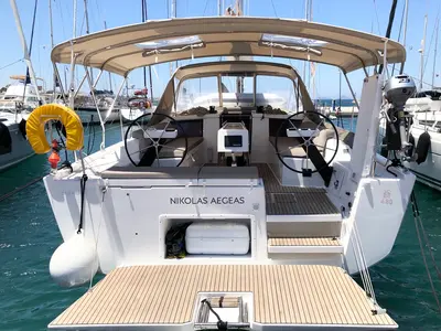 Cockpit of Nikolas-Aegeas, a Dufour 430 sailboat at Kos, Greece