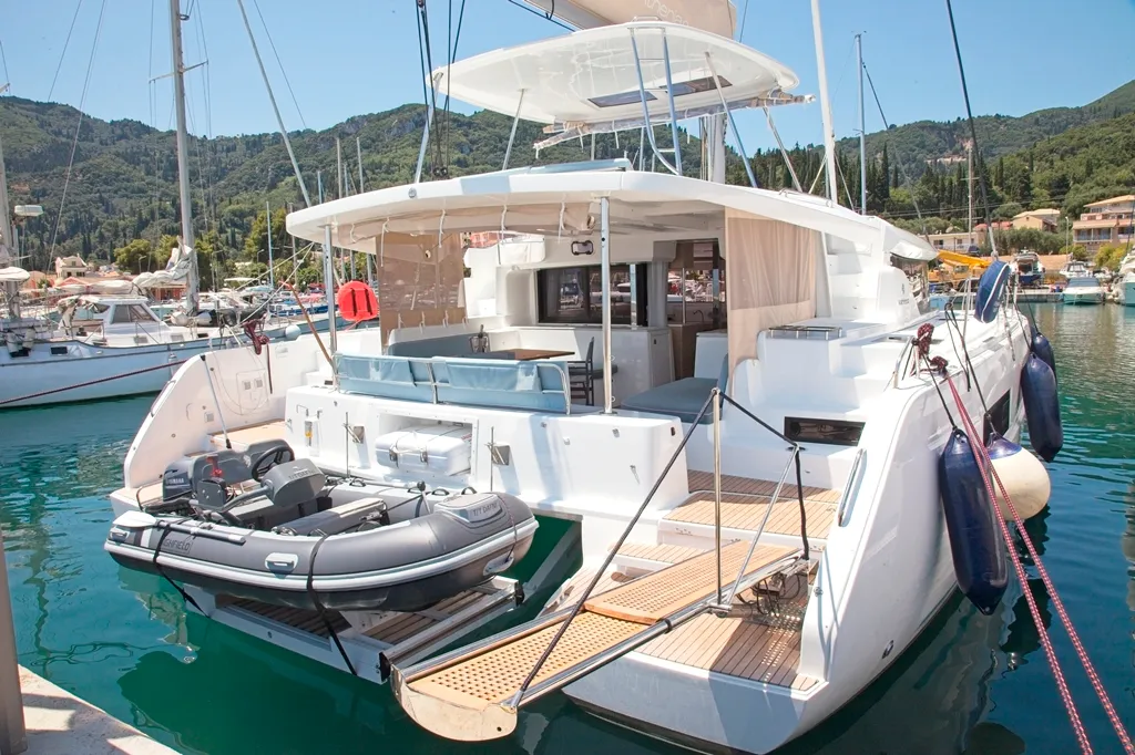 Exterior view of Dafni, a Lagoon 46 catamaran at Benitses, Greece