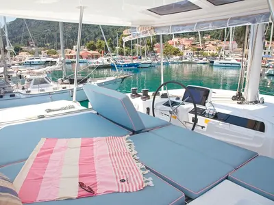 Cockpit of Dafni, a Lagoon 46 catamaran at Benitses, Greece