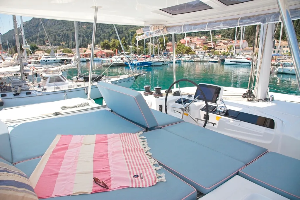 Cockpit of Dafni, a Lagoon 46 catamaran at Benitses, Greece