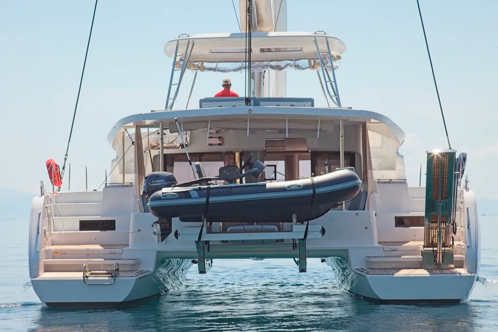 Exterior view of Dafni, a Lagoon 46 catamaran at Benitses, Greece