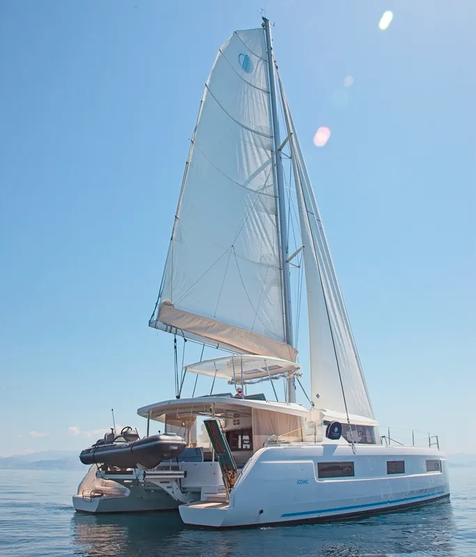 Exterior view of Dafni, a Lagoon 46 catamaran at Benitses, Greece