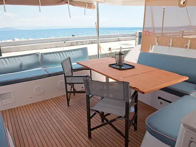 Deck of Dafni, a Lagoon 46 catamaran at Benitses, Greece