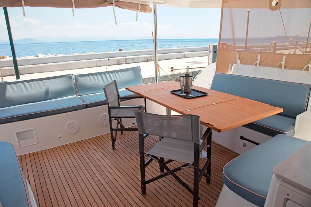 Deck of Dafni, a Lagoon 46 catamaran at Benitses, Greece