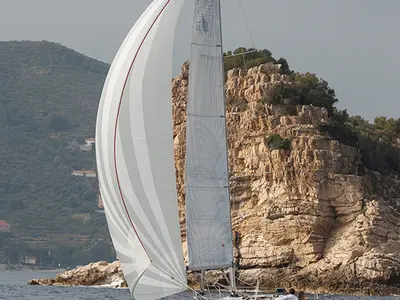 Exterior view of Adria Breeze, a Bavaria Cruiser 33 sailboat at Punat, Croatia
