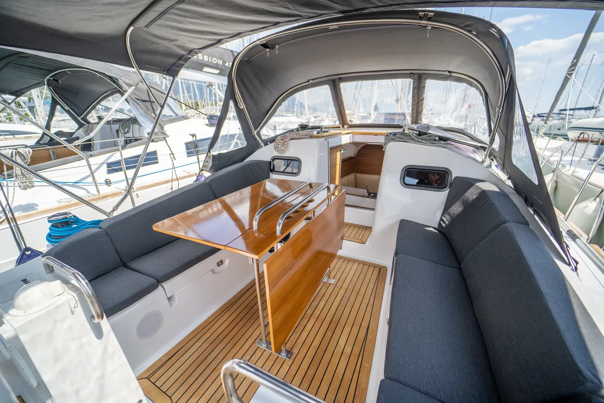 Deck of Olelole, a Elan Impression 40.1 sailboat at Grad Pula, Croatia