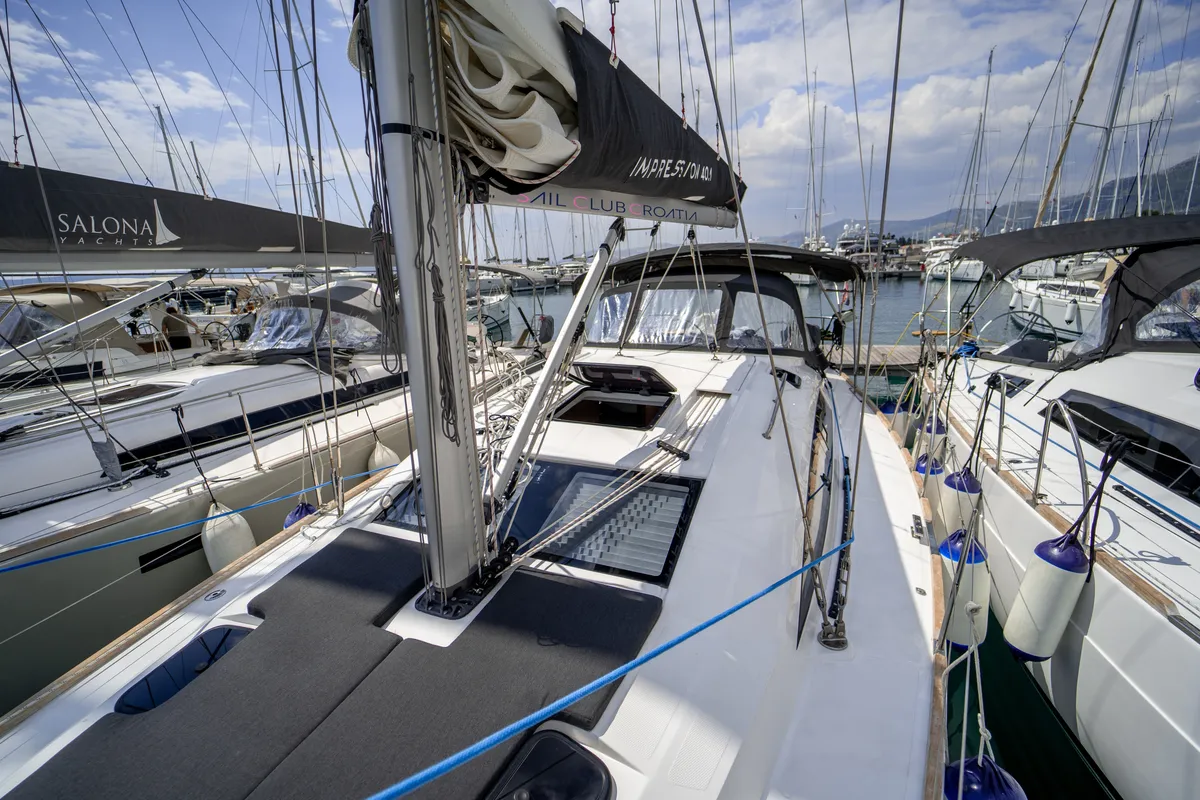 Deck of Olelole, a Elan Impression 40.1 sailboat at Grad Pula, Croatia
