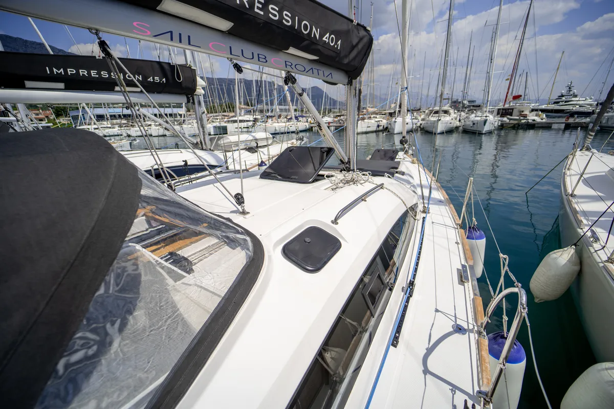 Deck of Olelole, a Elan Impression 40.1 sailboat at Grad Pula, Croatia