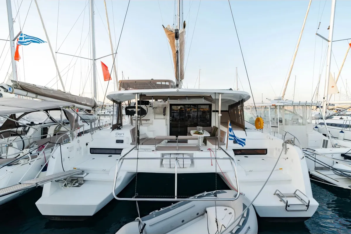 Exterior view of Eleni, a Lagoon 42 catamaran at Rhodes, Greece