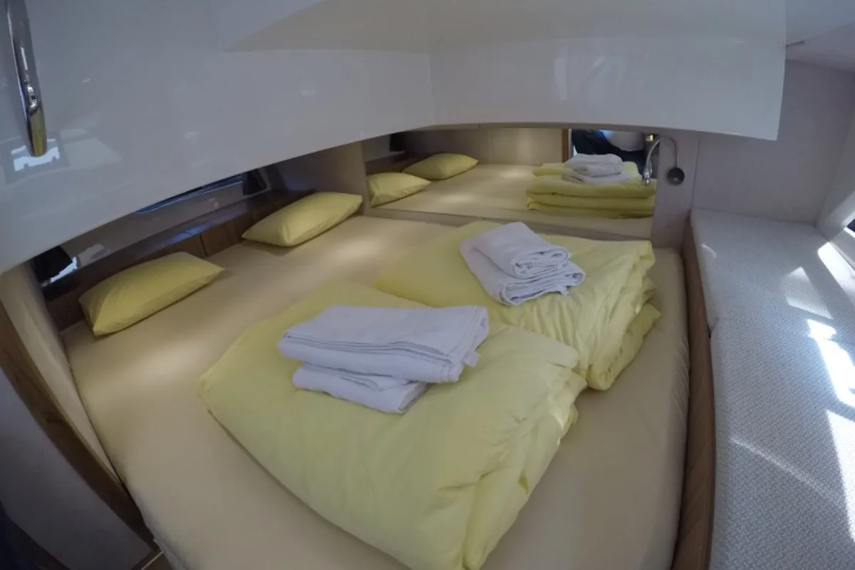 Cabin on Malinkonija, a Marex 330 Scandinavia motor yacht at Grad Šibenik, Croatia