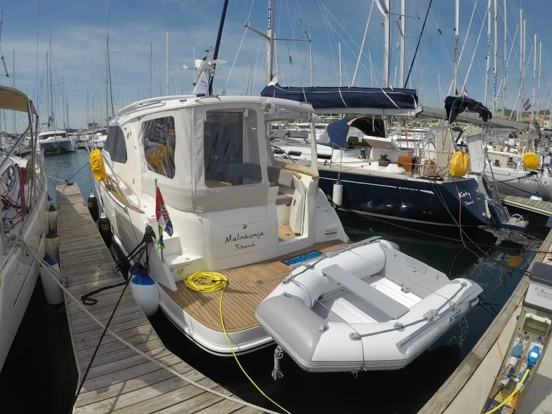 Exterior view of Malinkonija, a Marex 330 Scandinavia motor yacht at Grad Šibenik, Croatia