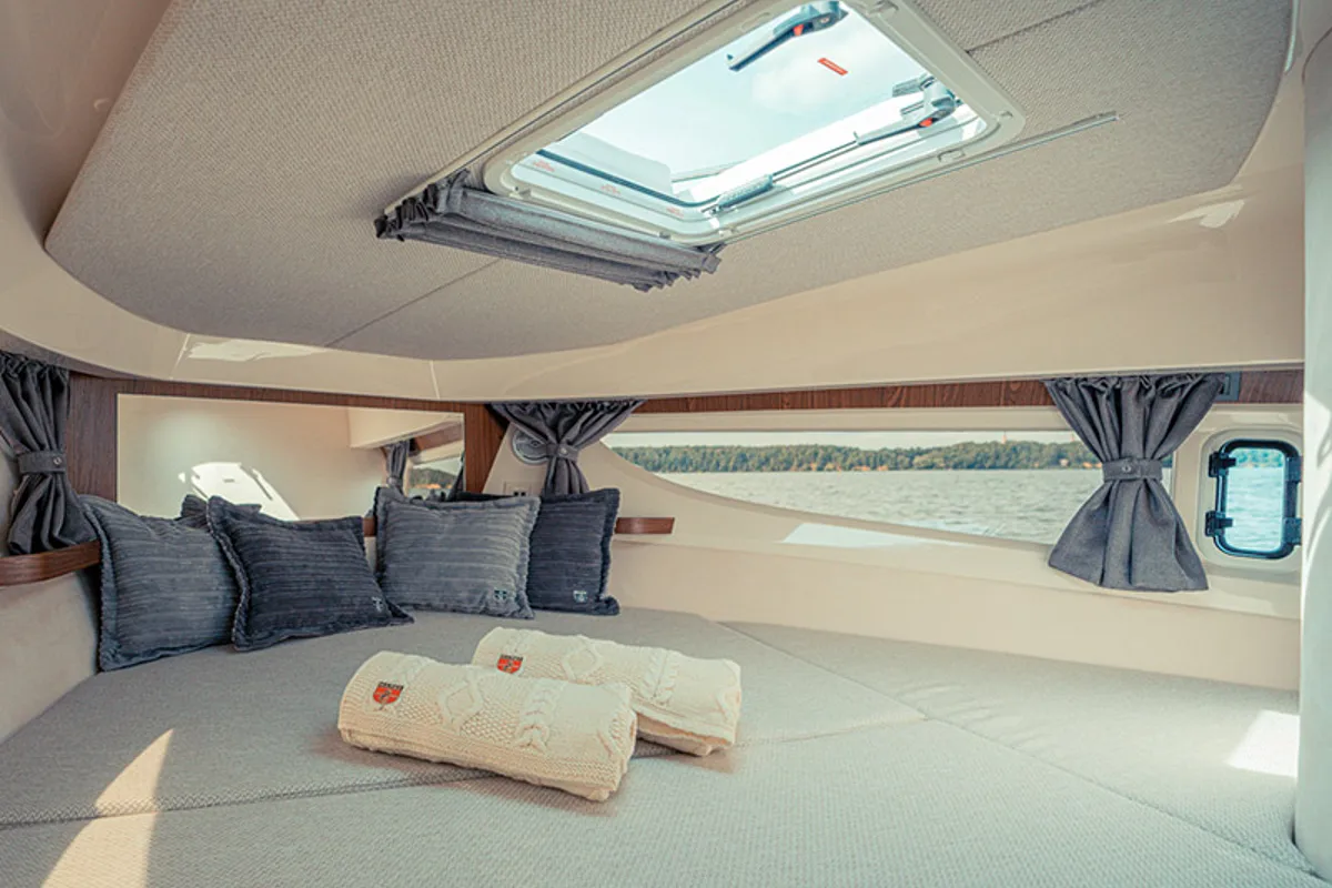 Cabin on Malinkonija, a Marex 330 Scandinavia motor yacht at Grad Šibenik, Croatia