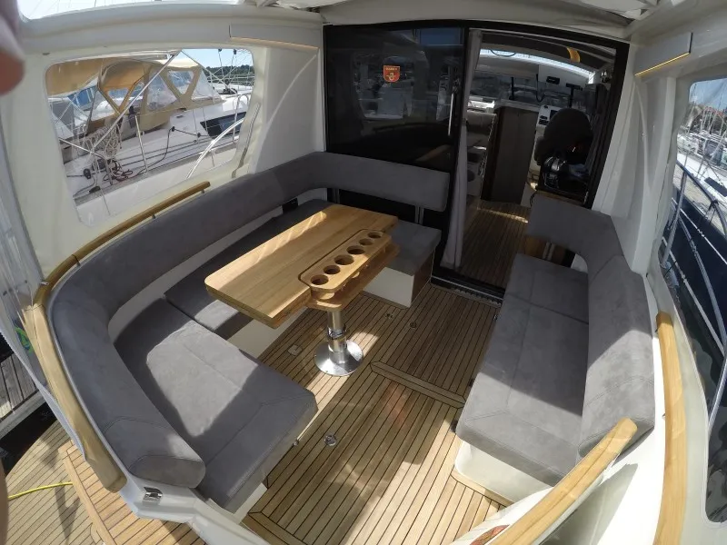 Deck of Malinkonija, a Marex 330 Scandinavia motor yacht at Grad Šibenik, Croatia