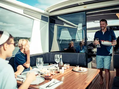 Deck of Malinkonija, a Marex 330 Scandinavia motor yacht at Grad Šibenik, Croatia