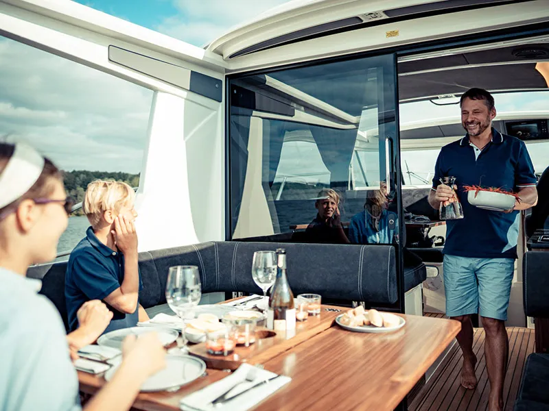 Deck of Malinkonija, a Marex 330 Scandinavia motor yacht at Grad Šibenik, Croatia