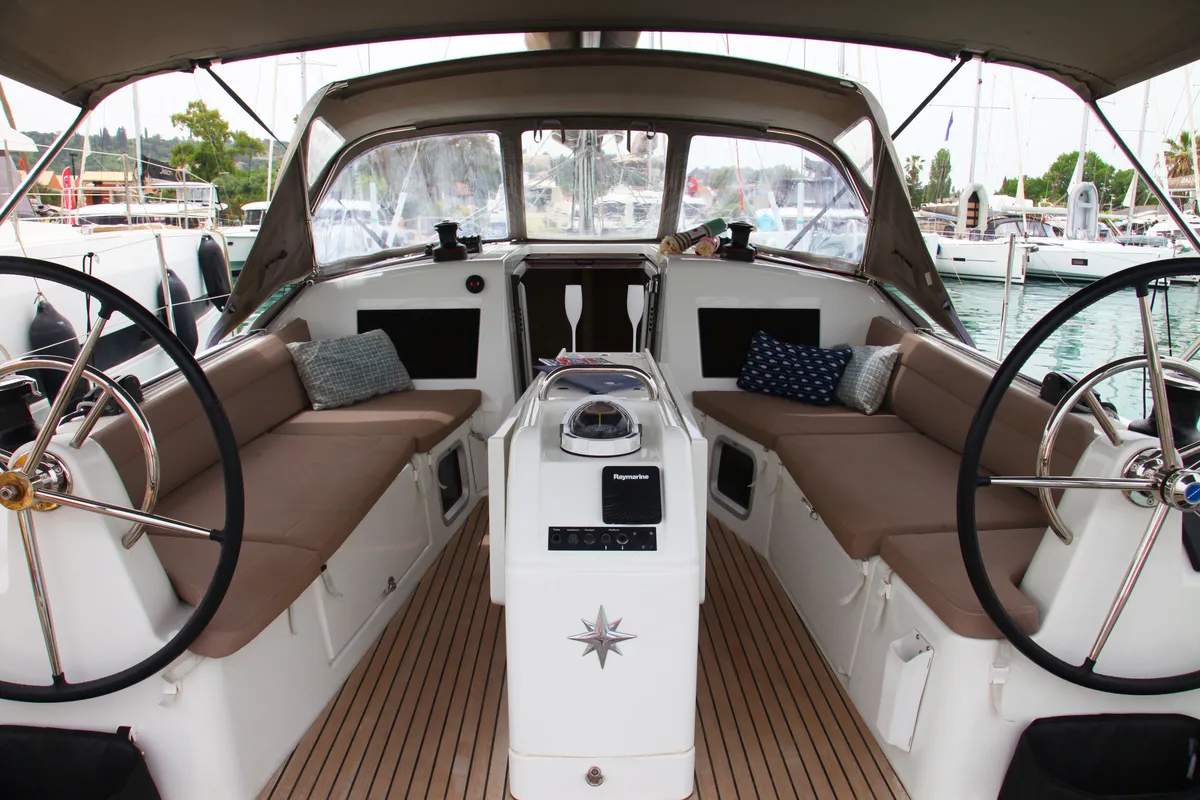 Cockpit of Barracuda, a Jeanneau Sun Odyssey 410 sailboat at Benitses, Greece