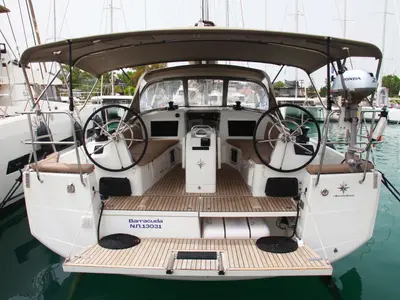 Cockpit of Barracuda, a Jeanneau Sun Odyssey 410 sailboat at Benitses, Greece
