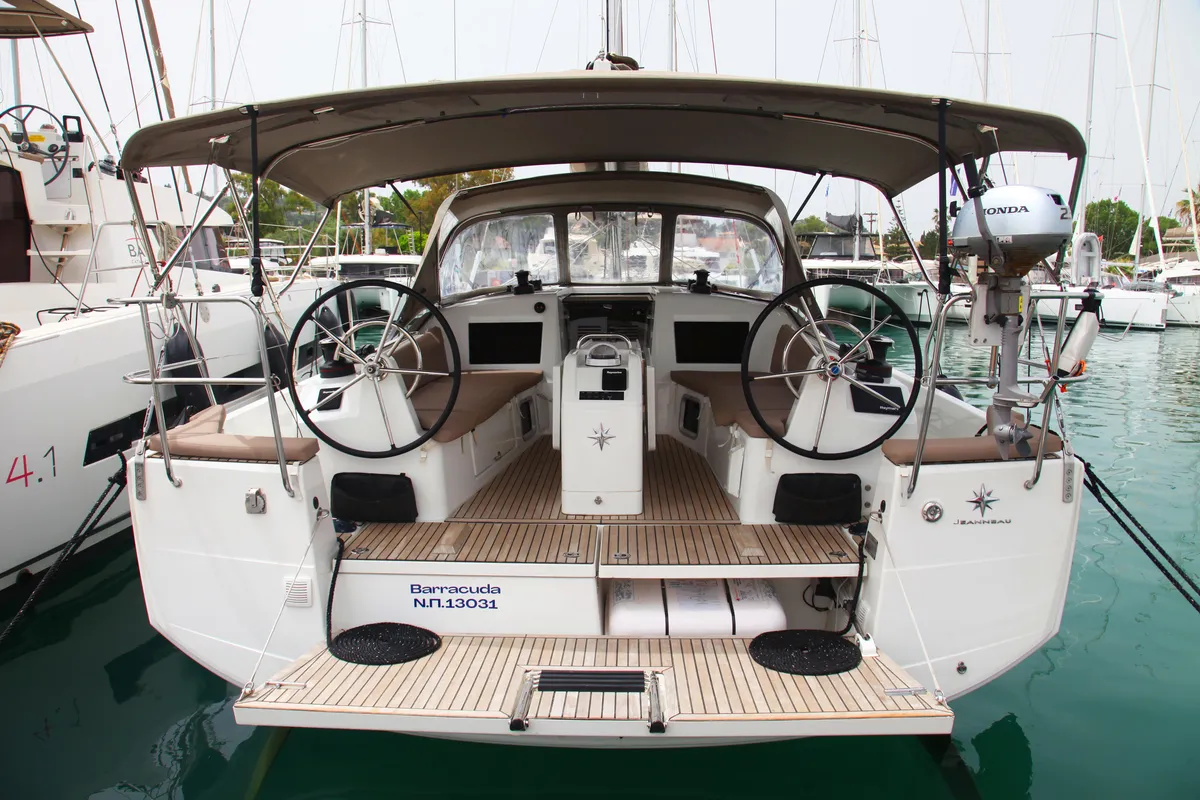 Cockpit of Barracuda, a Jeanneau Sun Odyssey 410 sailboat at Benitses, Greece