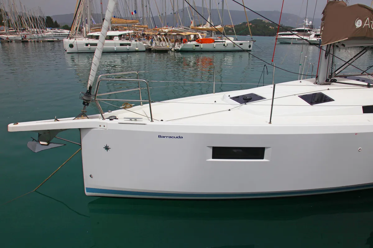 Exterior view of Barracuda, a Jeanneau Sun Odyssey 410 sailboat at Benitses, Greece