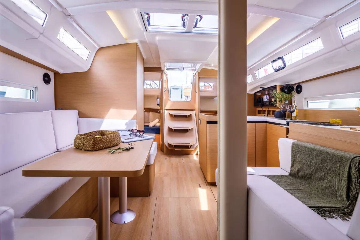 Salon of Barracuda, a Jeanneau Sun Odyssey 410 sailboat at Benitses, Greece
