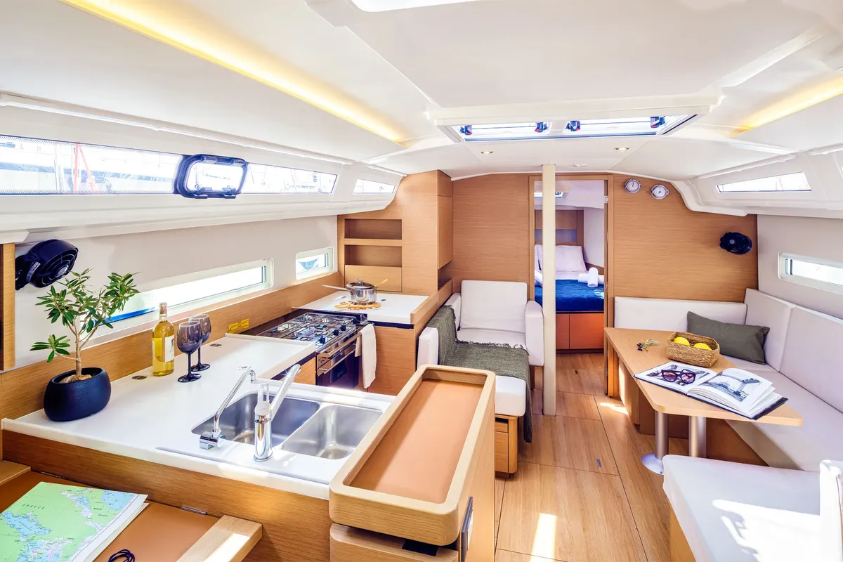 Salon of Barracuda, a Jeanneau Sun Odyssey 410 sailboat at Benitses, Greece