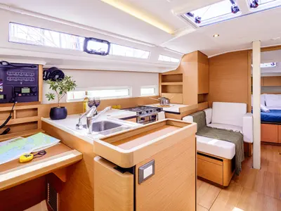 Galley of Barracuda, a Jeanneau Sun Odyssey 410 sailboat at Benitses, Greece
