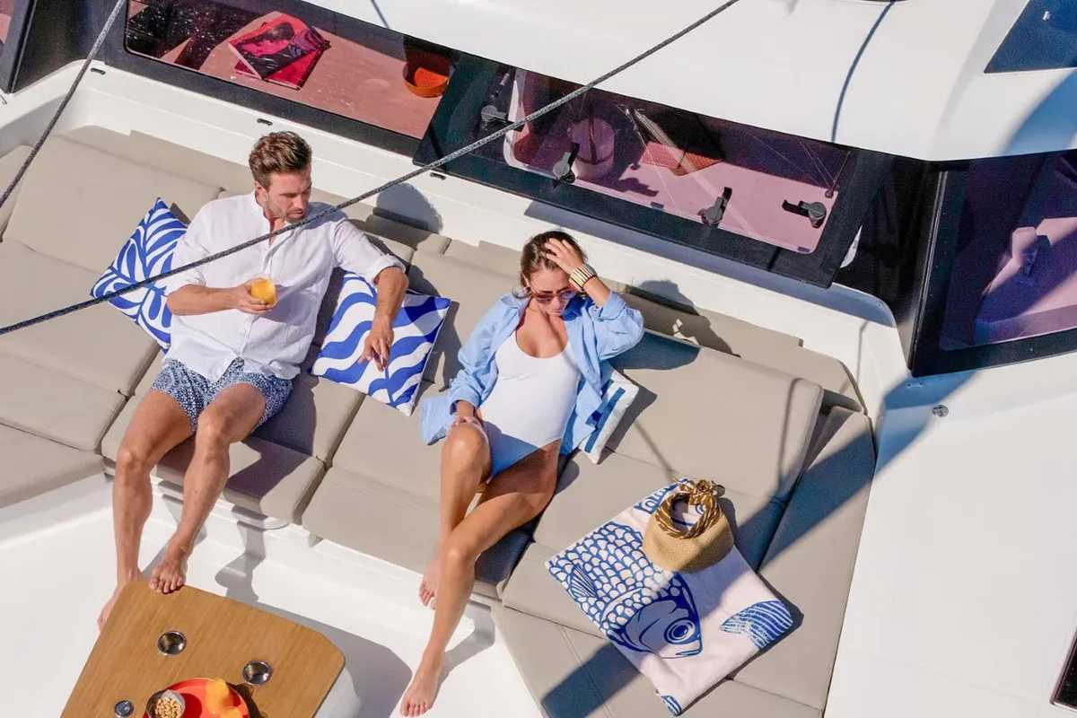 Deck of Sofija, a Fountaine Pajot FP 44 Quatuor catamaran at Pula, Croatia