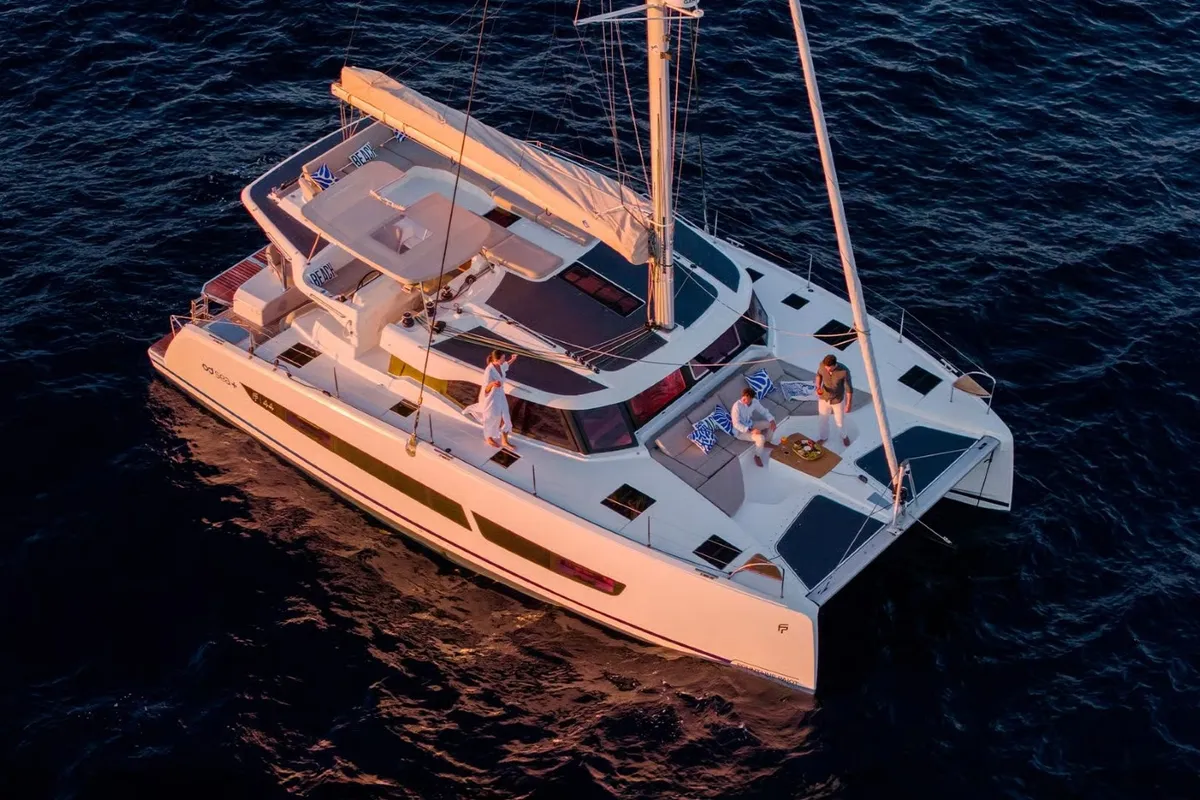 Exterior view of Sofija, a Fountaine Pajot FP 44 Quatuor catamaran at Pula, Croatia