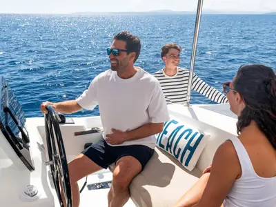 Cockpit of Sofija, a Fountaine Pajot FP 44 Quatuor catamaran at Pula, Croatia
