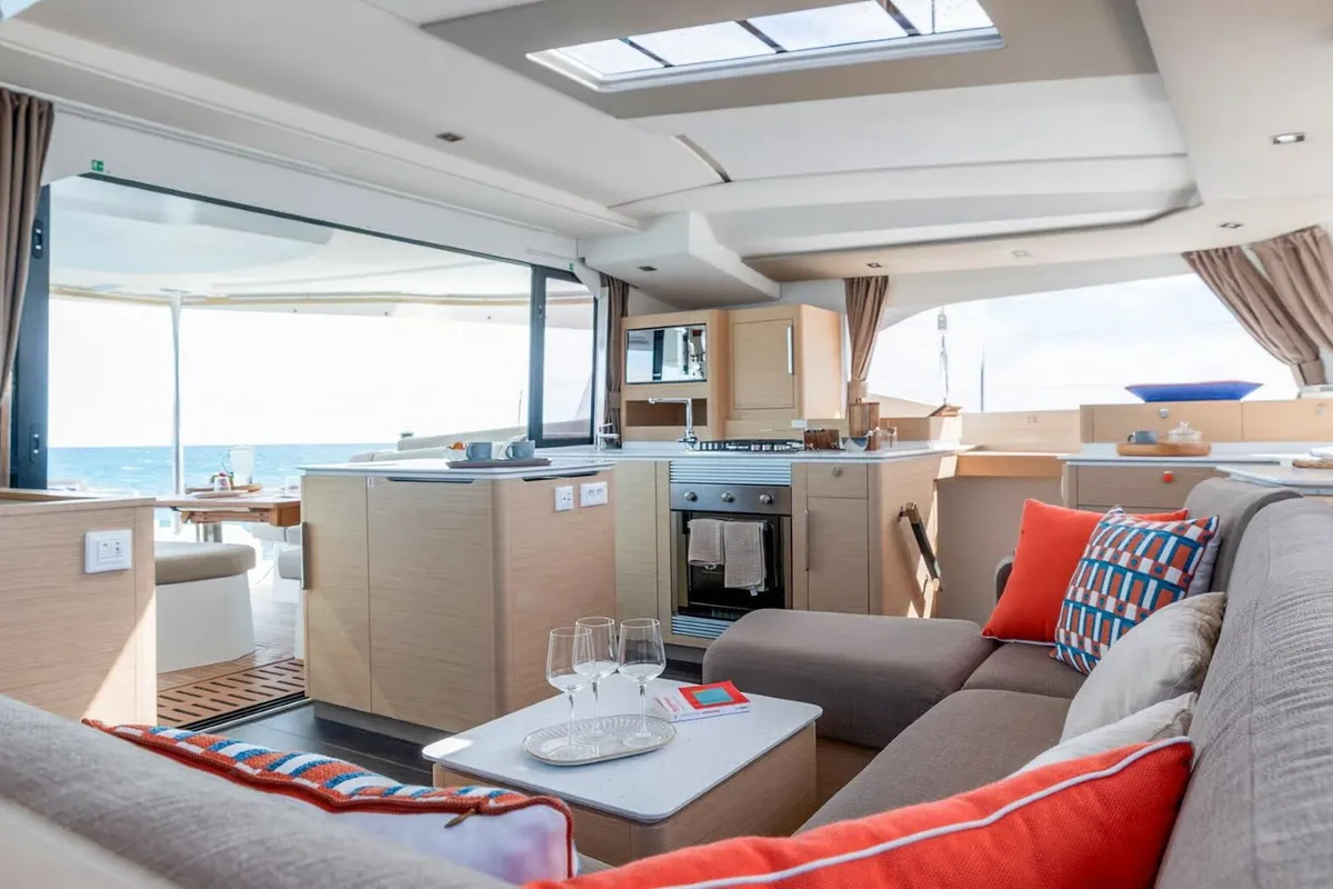 Salon of Sofija, a Fountaine Pajot FP 44 Quatuor catamaran at Pula, Croatia