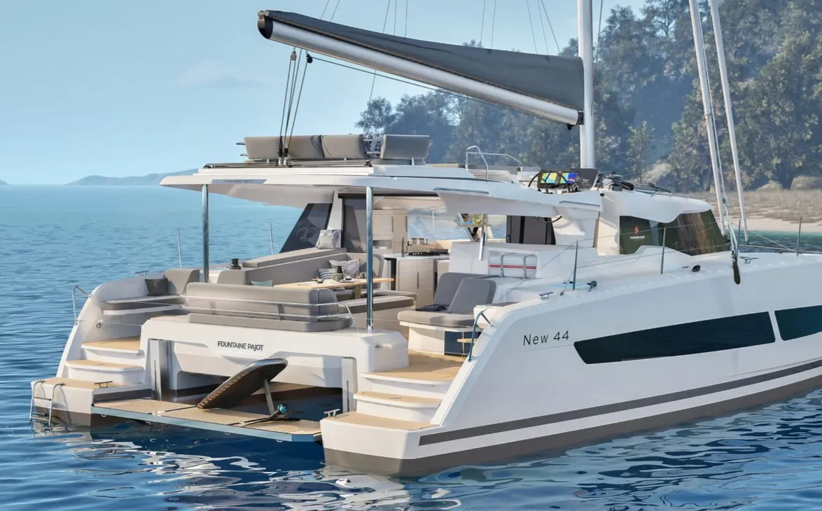 Exterior view of Sofija, a Fountaine Pajot FP 44 Quatuor catamaran at Pula, Croatia