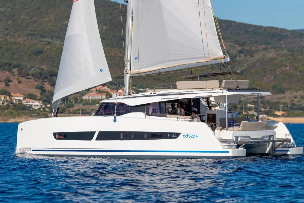 Exterior view of Sofija, a Fountaine Pajot FP 44 Quatuor catamaran at Pula, Croatia