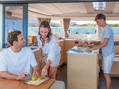 Galley of Sofija, a Fountaine Pajot FP 44 Quatuor catamaran at Pula, Croatia