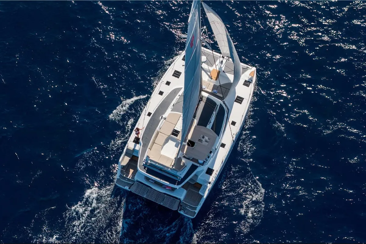 Exterior view of Sofija, a Fountaine Pajot FP 44 Quatuor catamaran at Pula, Croatia