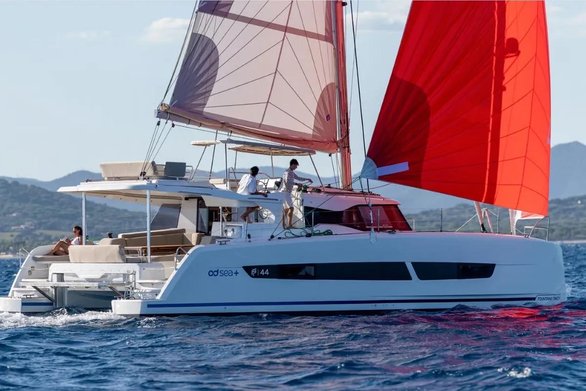 Exterior view of Sofija, a Fountaine Pajot FP 44 Quatuor catamaran at Pula, Croatia