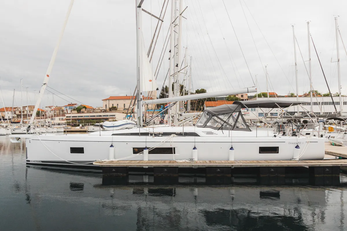 Exterior view of Panthata, a Beneteau Oceanis 51.1 sailboat at Grad Šibenik, Croatia