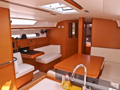 Salon of Eudora, a Jeanneau Sun Odyssey 439 sailboat at Loutraki, Greece
