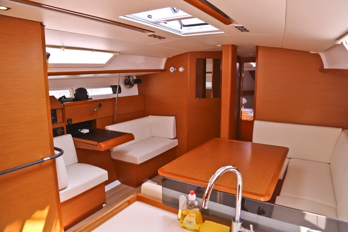 Salon of Eudora, a Jeanneau Sun Odyssey 439 sailboat at Loutraki, Greece