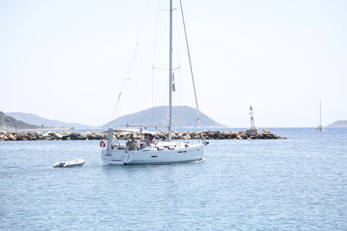 Exterior view of Eudora, a Jeanneau Sun Odyssey 439 sailboat at Loutraki, Greece