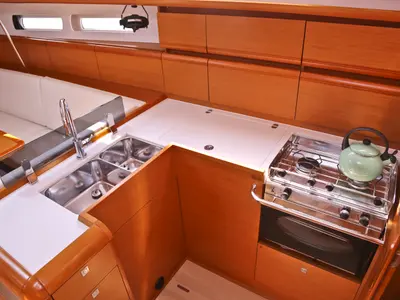 Galley of Eudora, a Jeanneau Sun Odyssey 439 sailboat at Loutraki, Greece