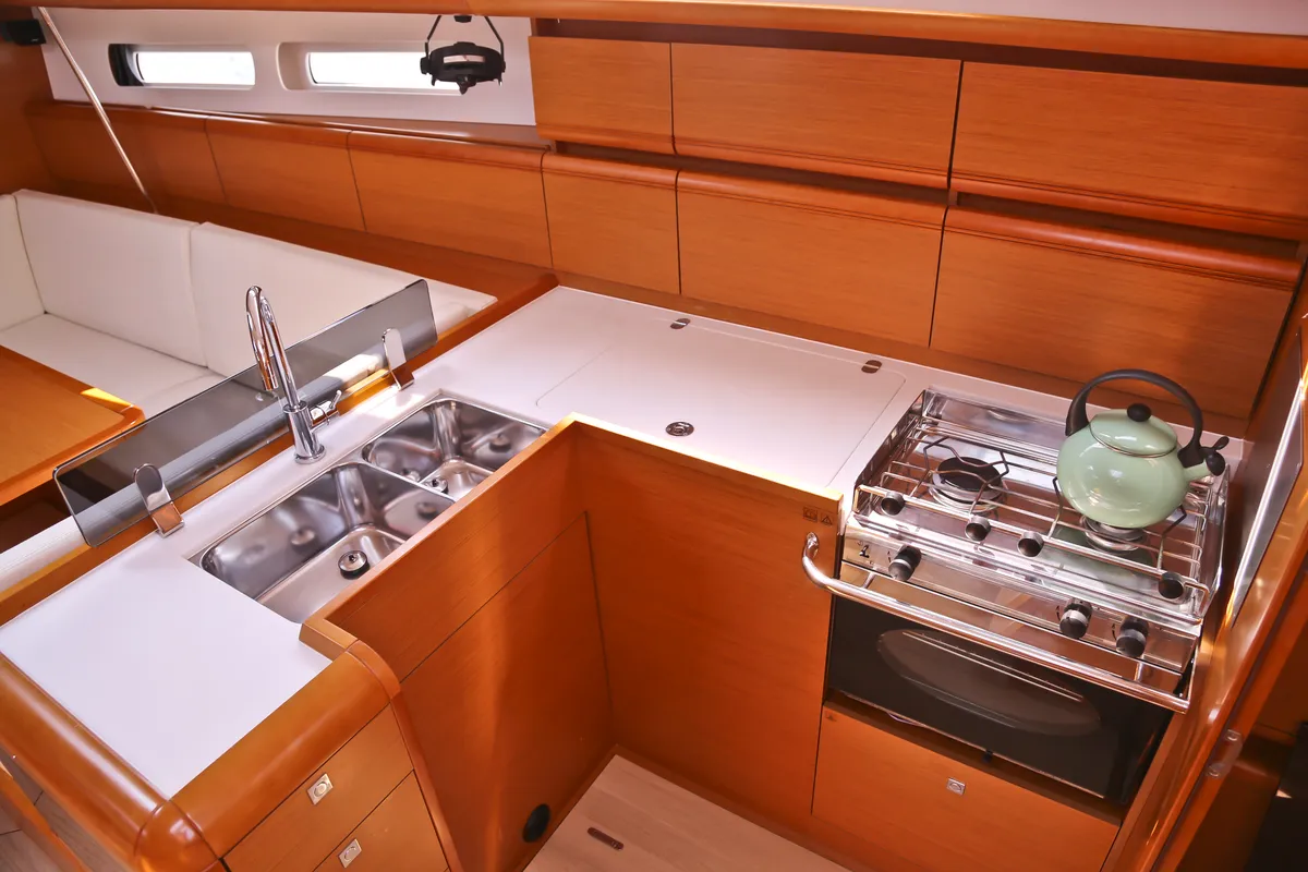 Galley of Eudora, a Jeanneau Sun Odyssey 439 sailboat at Loutraki, Greece